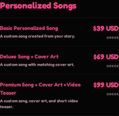 Pricing menu showing Basic Personalized Song selected as a thirty-nine dollar example