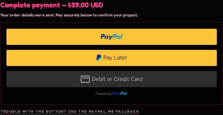 Secure PayPal checkout showing PayPal, Pay Later, and debit or credit card options